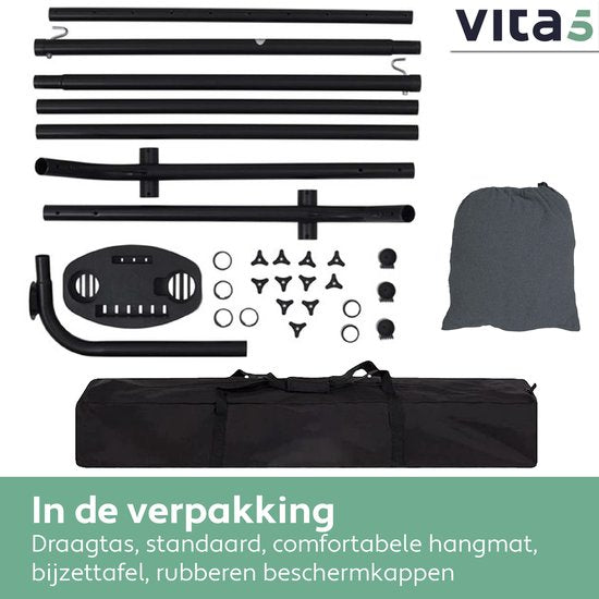 Vita5 Hangmat met Standaard 2 Persoons - Incl. Bekerhouder - Draaggewicht 205 kg - Donker Grijs - Verstelbare Lengte - Incl. Draagtas