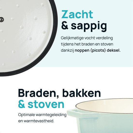 MOA Gietijzeren Braadpan - 7,2L - Voor Alle Warmtebronnen incl. Inductie - Met Deksel - Ø 30cm - Anti-Aanbaklaag - Lichtblauw