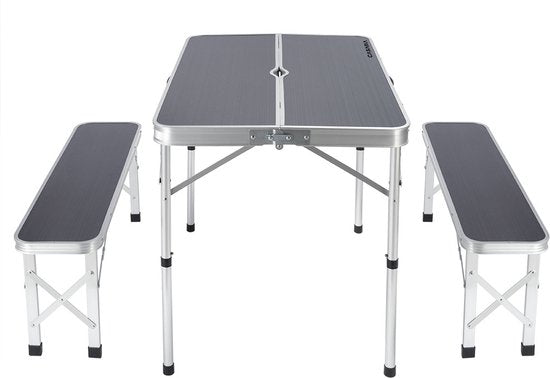 Casaria Campingtafel Aluminium – Incl. 2 Banken/Inklapbaar - Grijs