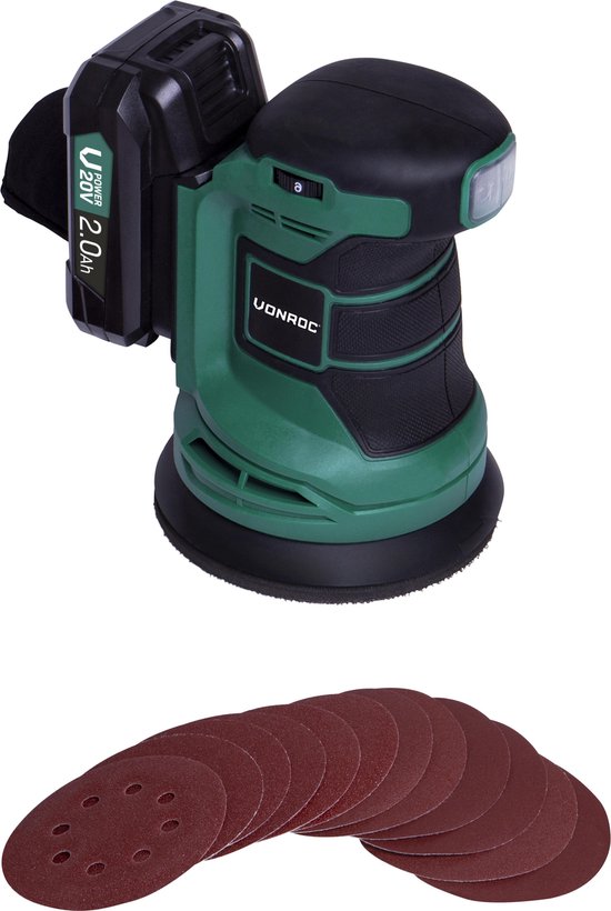 VONROC Excentrische schuurmachine – VPower 20V - Incl. 2.0Ah accu & oplader - Ø125mm - Met stofzak & 12 stuks schuurpapier