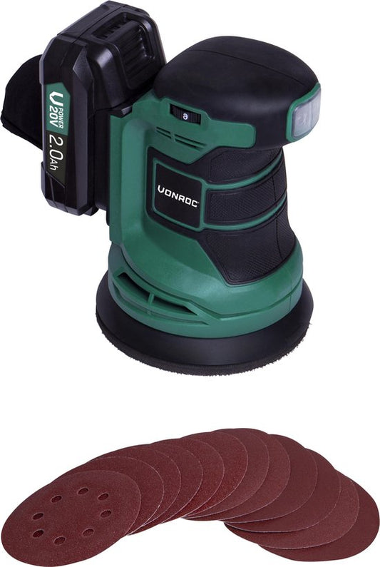VONROC Excentrische schuurmachine – VPower 20V - Incl. 2.0Ah accu & oplader - Ø125mm - Met stofzak & 12 stuks schuurpapier
