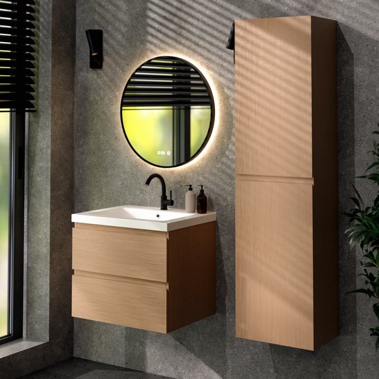 Mirlux Badkamermeubel Licht Eiken 60 cm - Wastafel Wit - Badmeubel set - Licht Eiken