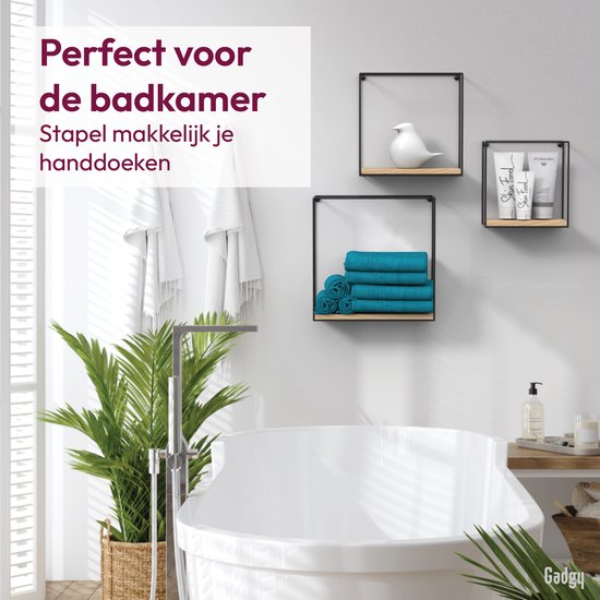 Gadgy Wandrekken Industrieel - Set van 3 - Vierkant Wandrek Zwart - Wanddecoratie Woonkamer - Muurdecoratie Hout - Wandplank zwevend voor Slaapkamer - 32, 27 en 22 cm