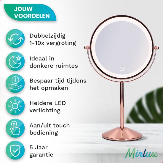 Mirlux Make Up Spiegel met LED Verlichting - 10x Vergroting Licht – Scheerspiegel Klein Op Voet - 3 Lichtstanden - Oplaadbaar - Vergrootspiegel Rosé Goud