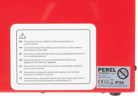 Perel Elektrische ventilatorkachel 3300W, 2 warmtestanden, thermostaat en koelstand, IP24, met oververhittingsbeveiliging, compacte draagbare heater voor werkplaats, garage, hobbyruimte