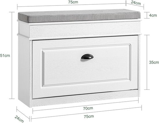 SoBuy FSR82-L-WG Schoenenkast entreebank – schoenenbank met toiletzitting en schoenenopbergkussen voor hal, woonkamer 75 x 24 x 51 cm, capaciteit 180 kg, wit antiek houteffect