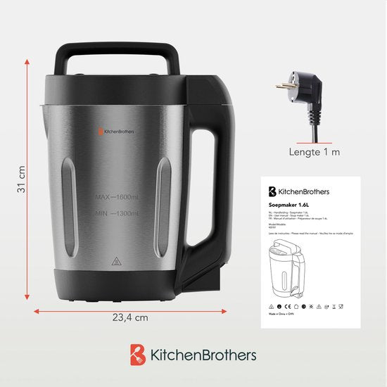 KitchenBrothers Soepmaker - 1.6L - 5 Programma's - Timer Display - Blender - RVS/Zwart
