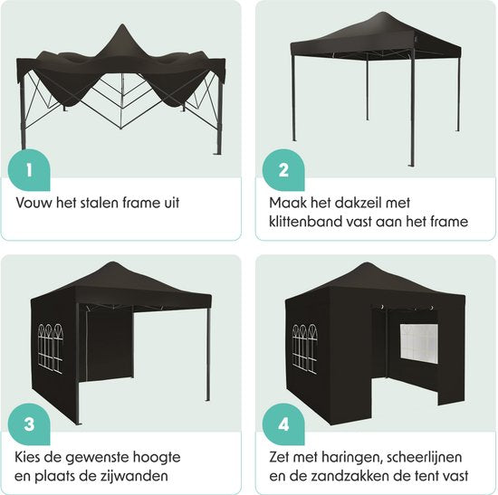 LifeGoods Partytent - Paviljoen - Easy Up - Opvouwbaar - Zijwanden - Waterdicht - Met Draagtas - 292 x 292 cm – Antraciet
