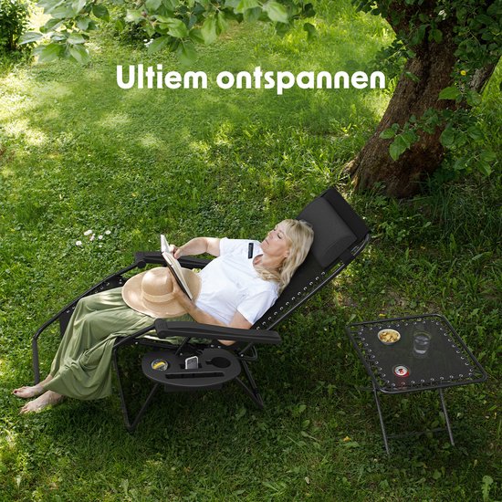 LifeGoods Ligstoelen - Opvouwbaar - Complete set - Met Bijzettafel - 30°-90° Verstelbaar - Tuinstoelen - Metaal - Zwart