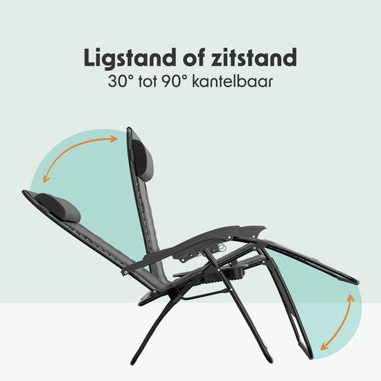 LifeGoods Ligstoel Comfort - Opvouwbaar - 30°-90° Verstelbaar - Beker en Telefoonhouder - Tuinstoel - Zwart