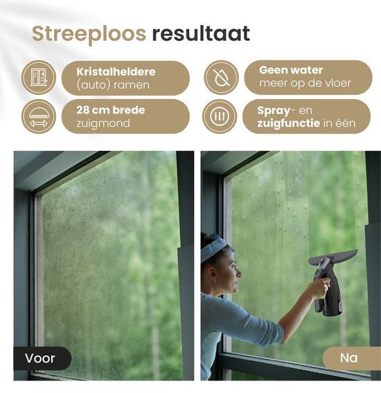 Vapore Elektrische Ruitenreiniger - Incl. Inwasser - Raamwisser met Ingebouwde Sproeifunctie - Ramenwasser - Raamtrekker - Raamzuiger - Incl. Microvezeldoek - Zwart