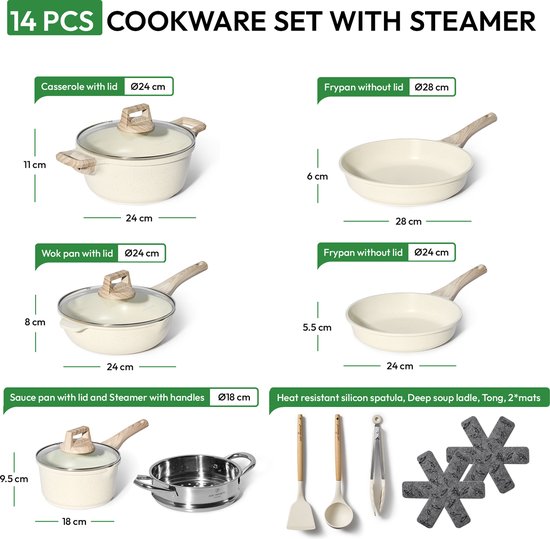 JUST PERFECTO 14 Delige Pannenset Inductie Met Deksel - Granieten Frying Pan Antiaanbaklaag Pannenset - Niet Giftig Keramische Non Stick Koekenpannen - Pannen Compatibel Met Alle Fornuizen