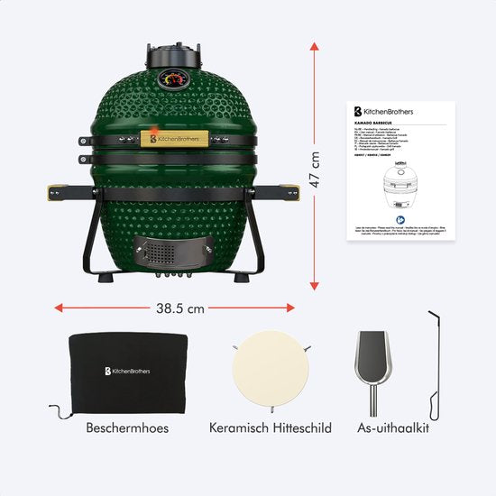 KitchenBrothers Kamado BBQ - 13 Inch Houtskool Barbecue - 27⌀ cm - PFAS-vrij - Deluxe Set - Egg BBQ met Accessoires inclusief Hoes - Groen
