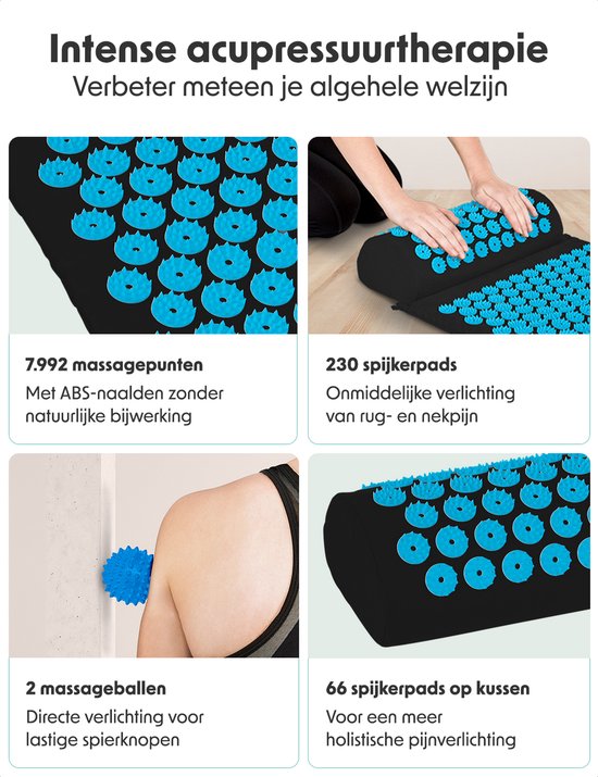LifeGoods Acupressuur Mat met Kussen - Shakti mat - Spijkermat Incl. 2x Triggerpoint Bal - 66x40x2cm - Zwart/Turquoise