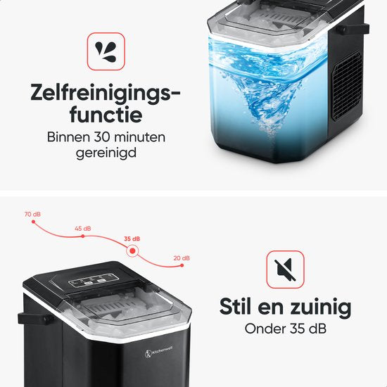 Kitchenwell IJsblokjesmachine – 1.3L - IJsblokjesmaker met IJsschep – 12kg/24 uur – Zelfreinigingsfunctie - Draagbaar - Zwart