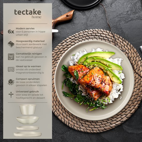 tectake® Serviesset Una - 24-delig - Aardewerk - 6 Persoons - Stijlvol en Duurzaam Servies - Bordenset met Grote en Kleine Borden, Kommen, Schaaltjes - Taupe