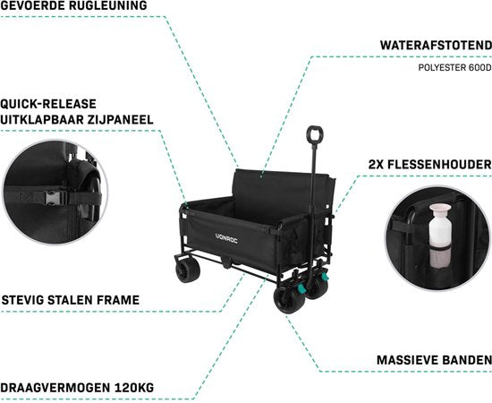 VONROC Bolderkar – Met zitfunctie – Opvouwbaar – 120 kg draagvermogen – 115l inhoud – Massieve anti-lek wielen – Stevig stalen frame – Polyester 600D - Zwart