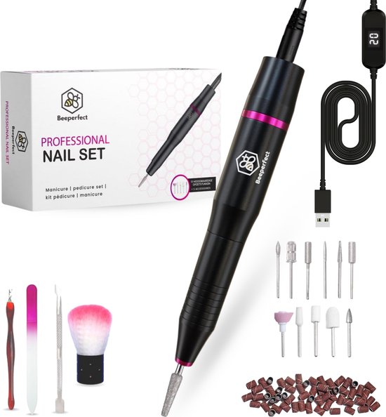 Beeperfect® Elektrische Nagelvijl - Nagelfrees - Manicure en Pedicure set - 12 Bitjes en 60 Schuurrolletjes - 4 Extra accessoires - Zwart