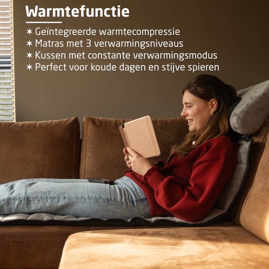 BREND Elektrische Massagemat & Kussen – Massagematras met Warmte - 5 Vibratiestanden & 3 Intensiteiten – 170X55 CM – Grijs - BR-2230