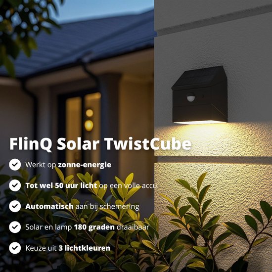 FlinQ Solar TwistCube 2-pack - Transformeerbaar in 4 vormen - Solar Wandlamp Buiten - Buitenlamp op Zonne Energie met Bewegingssensor - LED Tuinverlichting met Dag en Nacht Sensor - Buitenverlichting