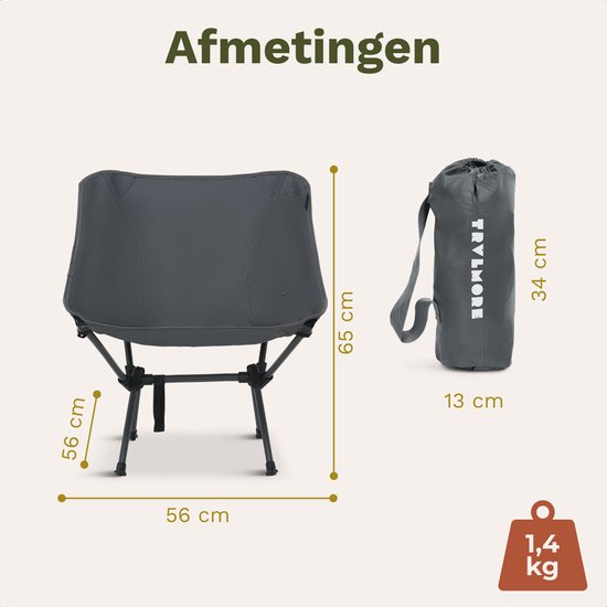 TRVLMORE Campingstoel - Opvouwbaar - 100KG Draagvermogen - Incl. Draagtas - Klapstoel - Visstoel - Kampeerstoel - Vouwstoel - Grijs