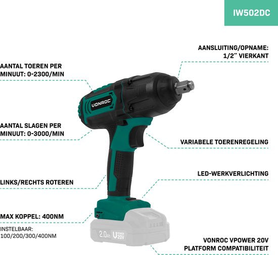 VONROC Accu slagmoersleutel 20V – 4 standen: 100/200/300/400Nm - Incl. 4 moerdoppen – geschikt voor het verwisselen van wielbouten en -moeren - Zonder accu & lader