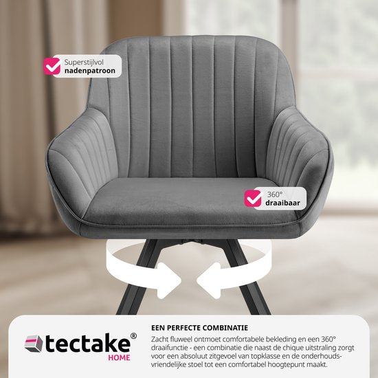 tectake® - Draaibare eetkamerstoel met armleuningen - Ergonomische kuipstoel met fluwelen bekleding - Gewatteerd - Draaistoel voor woonkamer, eettafel, studeerkamer, kaptafel en keuken - Grijs