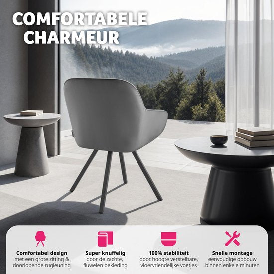 tectake® - Draaibare eetkamerstoel met armleuningen - Ergonomische kuipstoel met fluwelen bekleding - Gewatteerd - Draaistoel voor woonkamer, eettafel, studeerkamer, kaptafel en keuken - Grijs