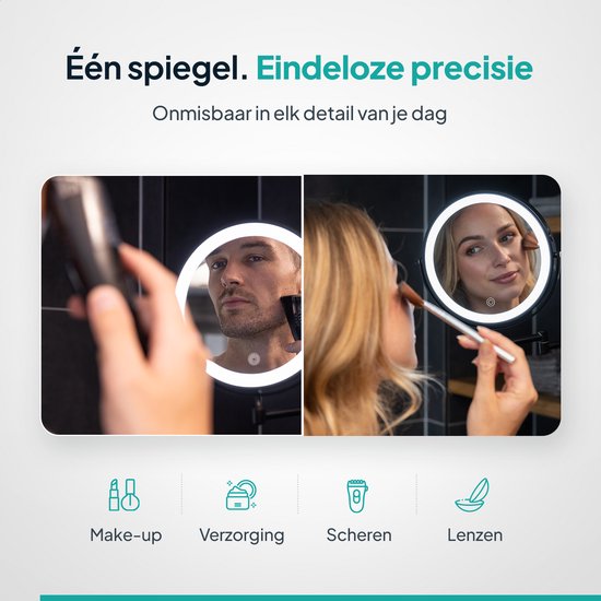 Mirlux Make Up Spiegel met Led Verlichting - Oplaadbaar - 5X Vergroting - Vergrootspiegel met Licht - Scheerspiegel - Badkamerspiegel - Zwart
