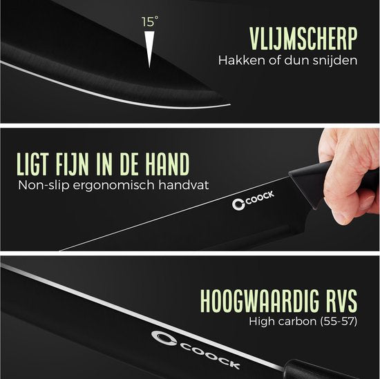 COOCK - Messenset met Blok en Vouwbare Snijplank – Keukenmessen - Schaar - Messenslijper – 15-Delige Keukengerei Set in Messenblok - RVS – Met ‘Non Stick’ Coating - Zwart