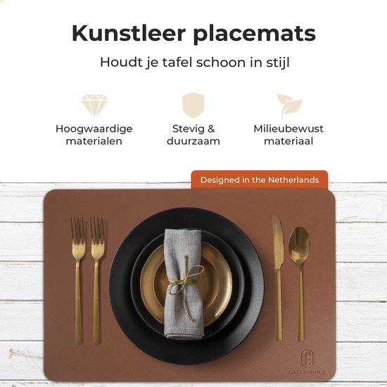 Castagnola Lederlook Placemats - Antislip Placemat van Kunstleer - Waterafstotende Onderlegger - Onderzetter - 6 Stuks - 45 x 30 cm - Bruin