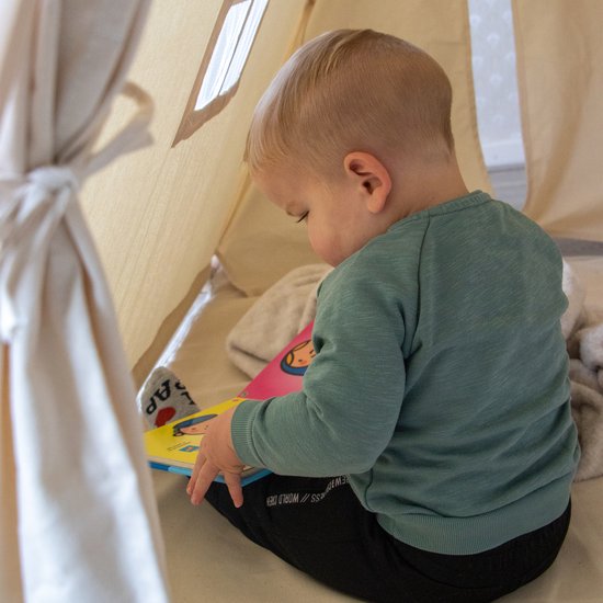 Sunny Sienna Speeltent met vlaggen en vloermat Crème – Wigwam Tipi Tent voor kinderen met Slinger & Opbergtas - Stokken FSC hout - 120x100x105cm