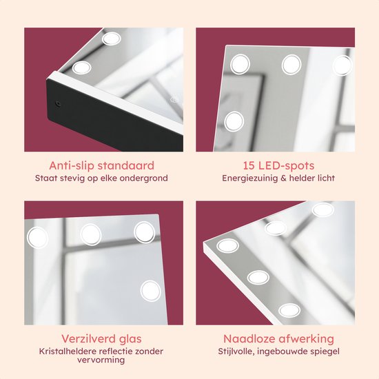 Fraay® Hollywood Spiegel met Verlichting 60x50cm - 3 Lichtstanden - Make Up Spiegel met 10x Vergrootspiegel - LED Dots Verlichting Dimbaar - Incl. 2 Beauty Blenders en Powder puff