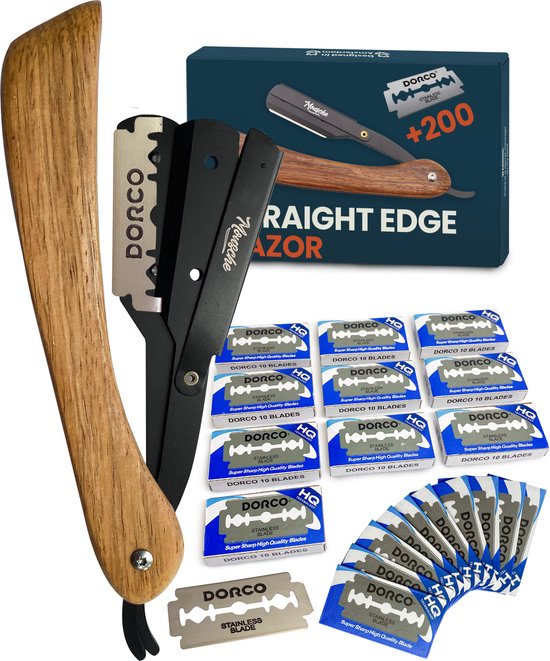Barbiersmes met 200 Scheermesjes - Klassiek Open Scheermes - Barber Mes - Shavette - Straight Razor - Klapmes - Nekmes - Kappersmes