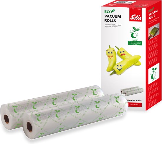 Solis – Eco Vacuümrollen – 2 Stuks – 30 x 600 cm – Voorzien Van Composteerbaar Materiaal En Aromabescherming En Herbruikbaar Design – Voor Voedselbewaring En Sous-Vide – Transparant Bioplastic