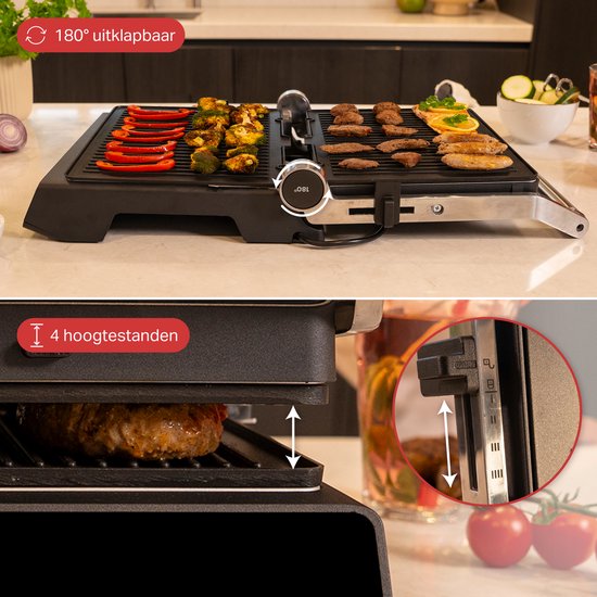 AoraKitchen Contactgrill - 180º Uitklapbaar - Grill Apparaat met Uitneembare Platen - 7 Standen - Tosti en Panini Ijzer - 2000W
