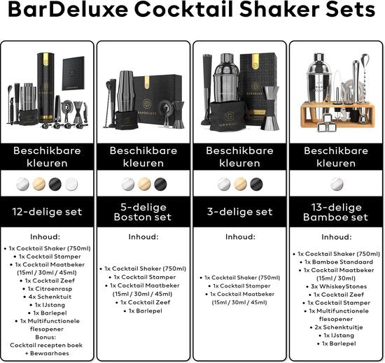 BarDeluxe® Cocktail Set - 12-Delig - Cocktailshaker 750 ml - Roestvrij Staal - Inclusief Luxe Geschenkdoos - Opbergtasje & Receptenboek - Zwart