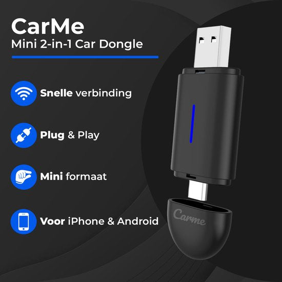 CarMe Mini 2-in-1 CarPlay Dongle - USB-A & USB-C - Draadloos CarPlay & Android Auto - Zwart