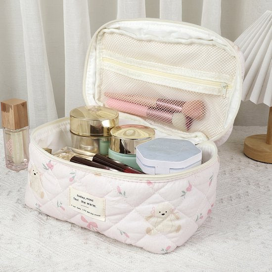 SC Travel Essentials - 3-delige Make-up Tas Set - Eco-vriendelijk Katoen - Gewatteerde Gebloemde Organizers - Ruim, Duurzaam en Ideaal voor Reizen