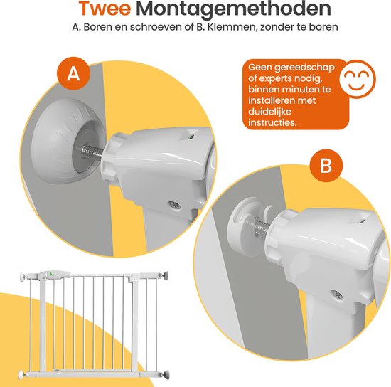 Goliving Traphekje Zonder Boren - 2 stuks - 75 t/m 103 cm - Klembevestiging - Klemmodel - Uitbreidbaar - Metaal - Kinderhekje - Hondenhek - Wit