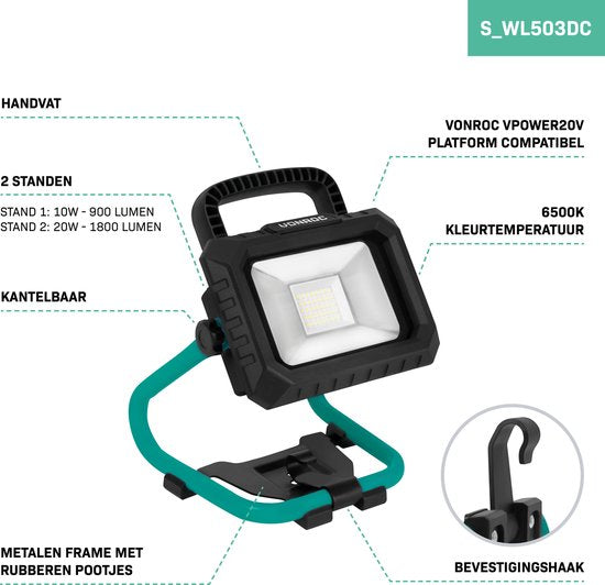 VONROC Accu Bouwlamp 20V - LED - 20W – 2 standen: 900/1800 lumen – kantelbaar – brede stralingshoek - Incl. 2.0Ah accu en snellader