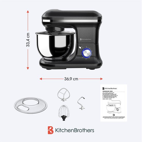 KitchenBrothers Keukenmachine - Keukenrobot - 5L - Keukenmixer - 1200W - Antraciet