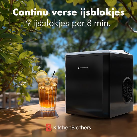 KitchenBrothers IJsblokjesmachine - 1L - IJsblokmaker met IJsschep - Easy Clean - 9 Blokjes in 8 min. - Zwart