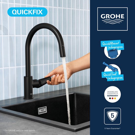 GROHE Start Edge eengreeps keukenmengkraan met uittrekbare uitloop - Hoge C-uitloop - 360° Draaibereik - Mat Zwart - Eenvoudig te monteren met de QuickMount