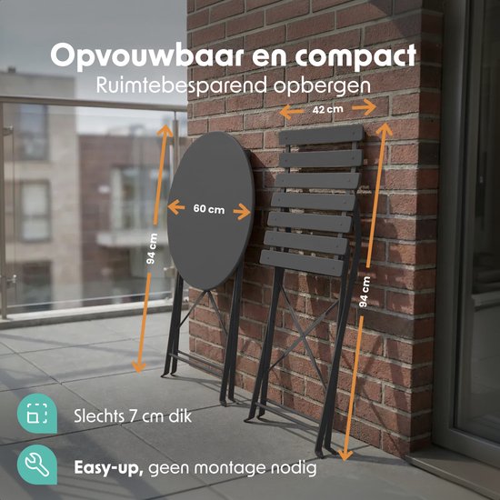 LifeGoods Bistroset - Staal - 3-delig - Tuinset - Inklapbaar - Balkonset met Tafel - Weerbestendig - Donkergrijs