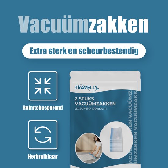 Travelly® Vacuümzakken & Reiszakken Set – Kleding Opbergen & Reizen – Luchtdicht – Herbruikbaar – Ruimtebesparend – Set van 2 – Transparant