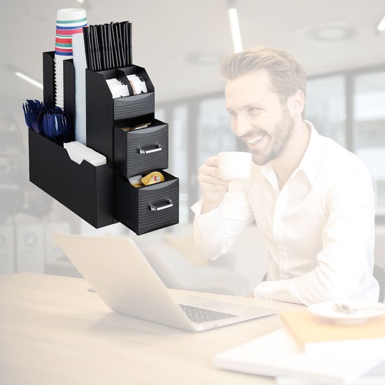 BRASQ Koffie en Thee Organizer Zwart – Ruimtebesparende Keukenorganizer met 9 Vakken & 2 Lades - Koffie Station