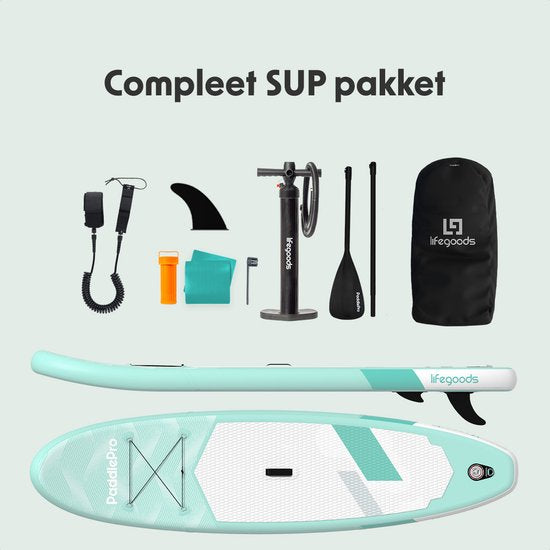 LifeGoods SUP Board Allround Compact - 100 KG Draagkracht - 300 x 76 cm - Opblaasbaar - Compleet SUP pakket - Mintgroen