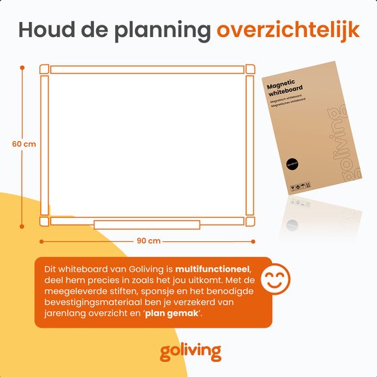 Goliving Whiteboard met Stiften - 60 x 90 cm - Magnetisch bord - Weekplanner - Schoolbord - Emaille Magneetbord
