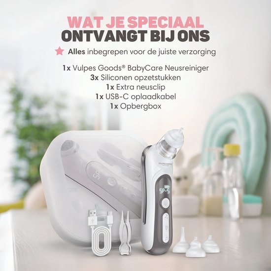 Vulpes Goods® BabyCare - Baby Neusreiniger - Baby Neusreiniger Elektrisch - Neusdouche Elektrisch - Neusreiniger - Snoetenpoetser - Neuszuiger - Grote Batterij - USB C - PRO